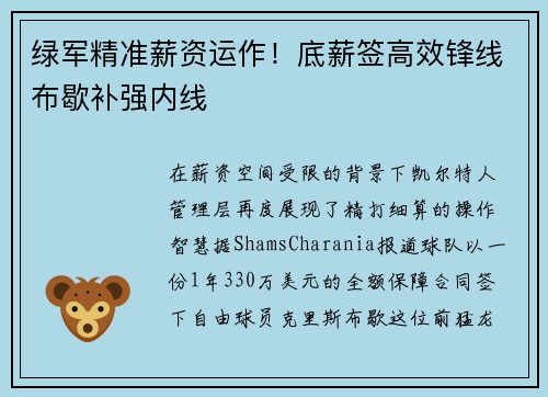 绿军精准薪资运作！底薪签高效锋线布歇补强内线