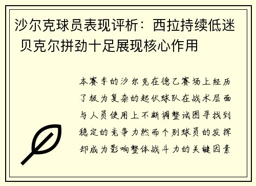 沙尔克球员表现评析：西拉持续低迷 贝克尔拼劲十足展现核心作用